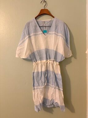 NWT Seafolly Light Blue and White Striped Linen-Feel Cover-Up